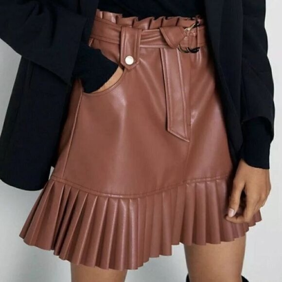 NWOT ZARA Faux Leather Belted Pleated Skirt Brown XS - Picture 1 of 3